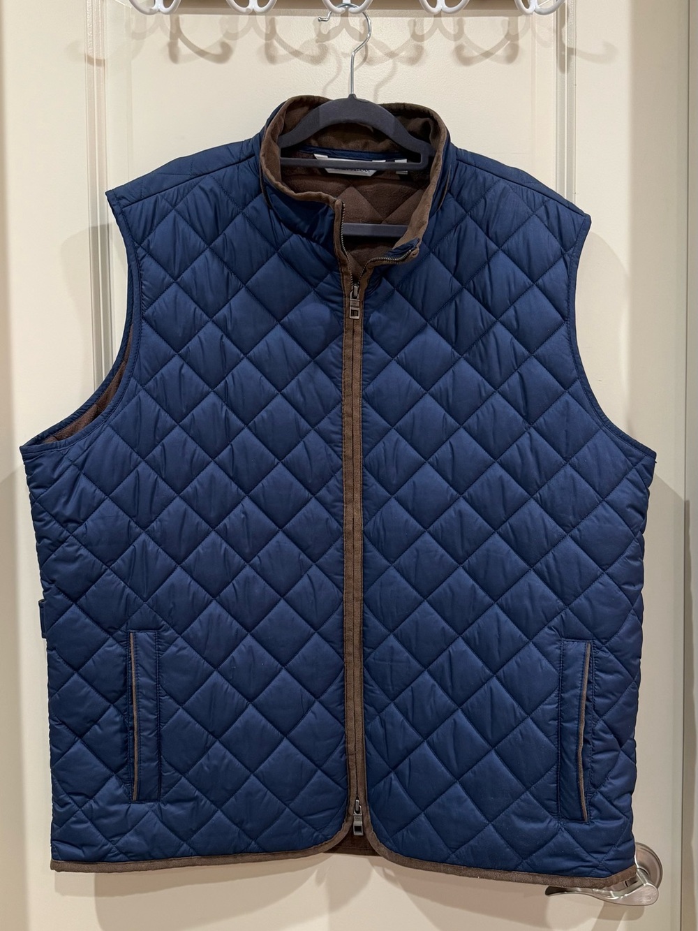 Peter Millar Navy Quilted Vest with Brown Trim